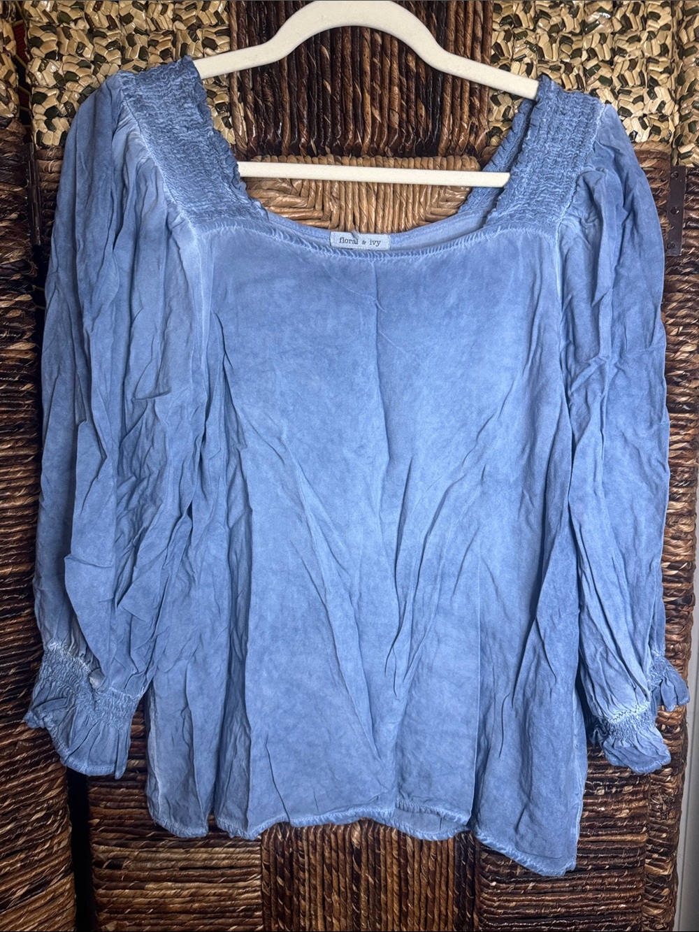 Smocked Square-Neck Tunic Blouse in Light Blue